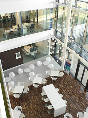 Becton Dickenson atrium with Breakout area and feature lighting